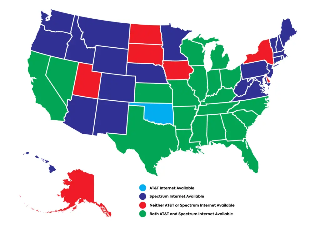 Availability Map of the United States showing where AT&T and Spectrum Internet are available.